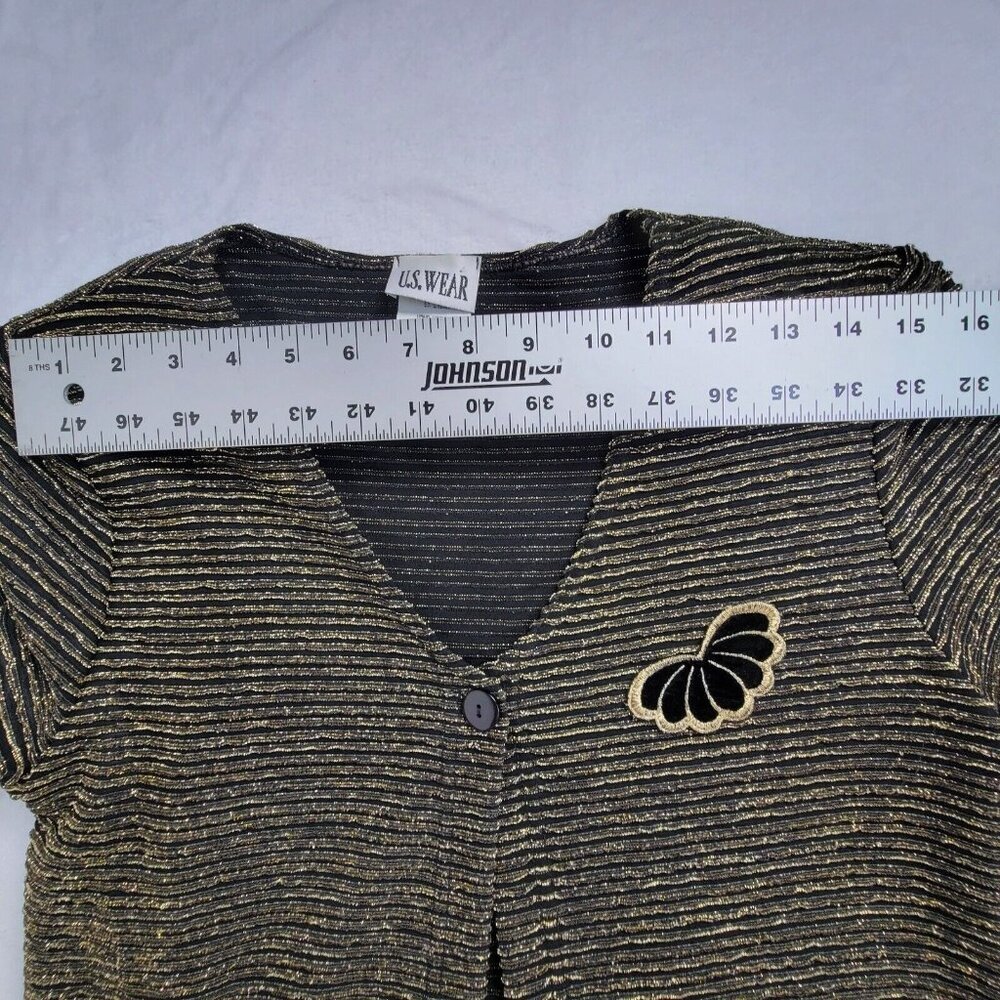 U.S. Wear Women Medium Black Gold Metallic Striped Knit Cardigan Sweater Acetate